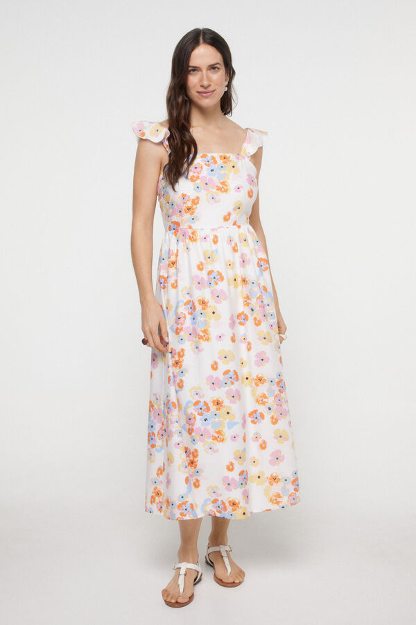 Womensecret Floral print midi dress with flounced straps. white
