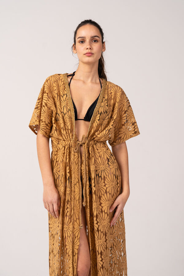 Womensecret Women's kimono with cotton lace in camel brown