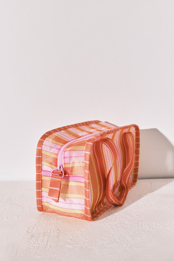 Women'secret Trousse de toilette moyenne en tissu mesh &agrave; rayures rose et orange imprim&eacute;
