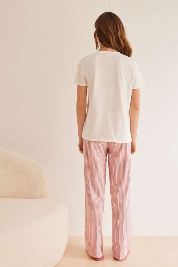Womensecret Pijama largo 100% algodón rosa rayas manga corta marfil