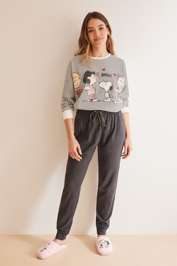 Womensecret Snoopy-mintás csíkos pizsama, 100% pamutból. fekete