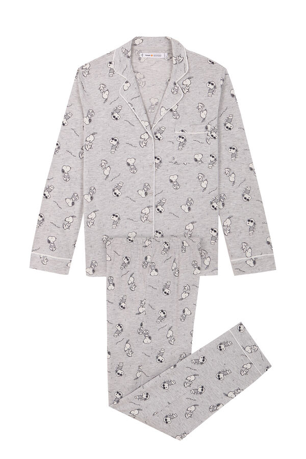 Womensecret Snoopy-mintás, hosszú, inges pizsama 100% pamutból szürke