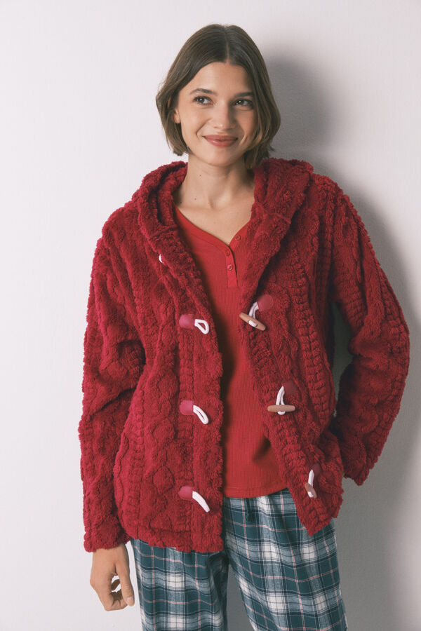 Women'secret Short soft red fleece hooded robe burgundy