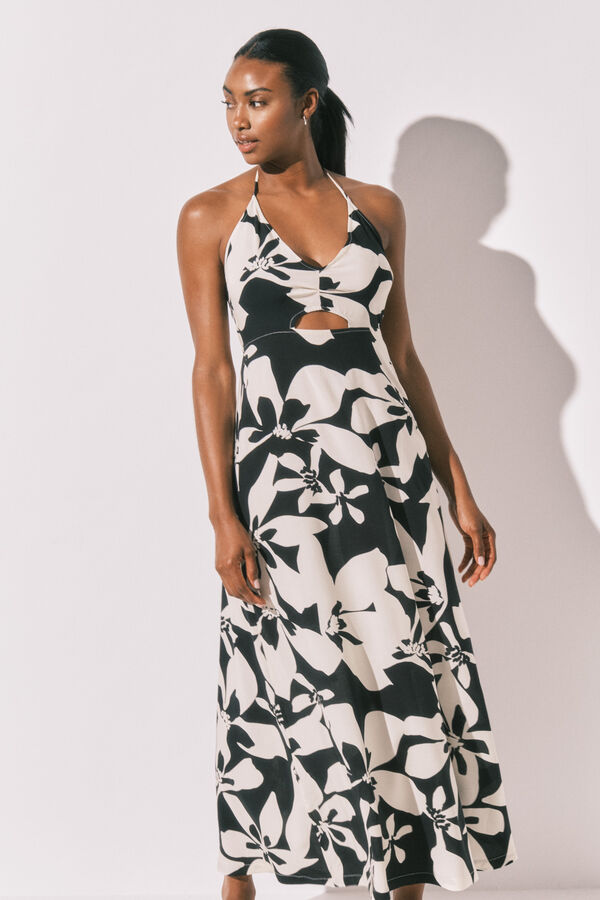 Women'secret Robe longue imprim&eacute;e florale b&w noir
