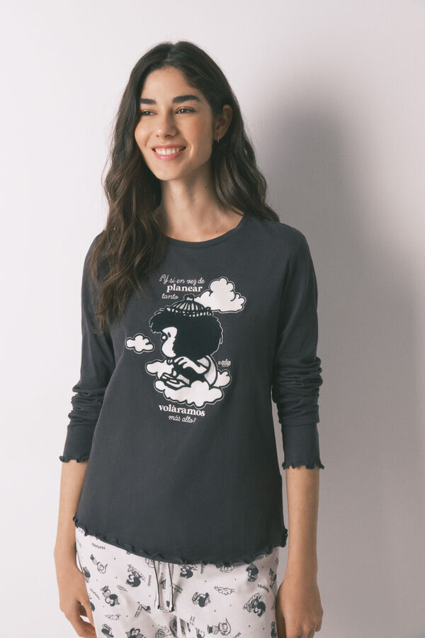 Women'secret Pyjama long imprim&eacute; Mafalda en 100% coton gris gris