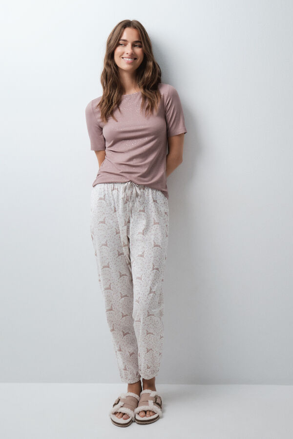 Women'secret Short sleeve long pyjamas with deer print nude