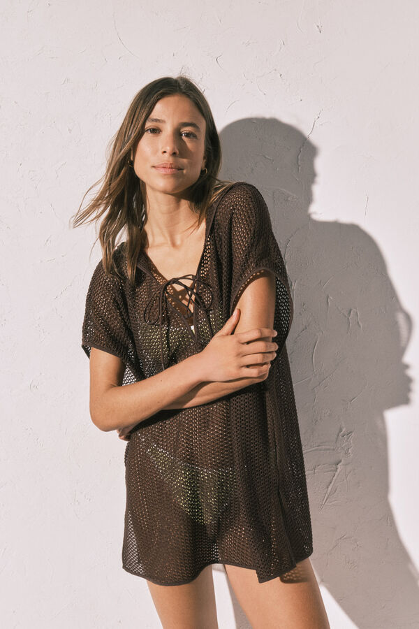 Women'secret Brown knitted hooded short tunic nude