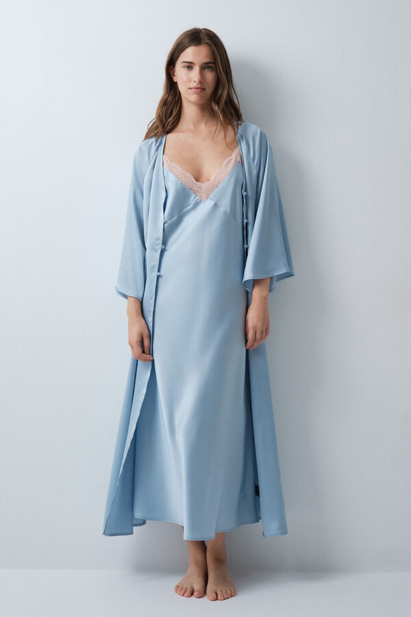 Women'secret Satin-finish puffed sleeve long robe blue
