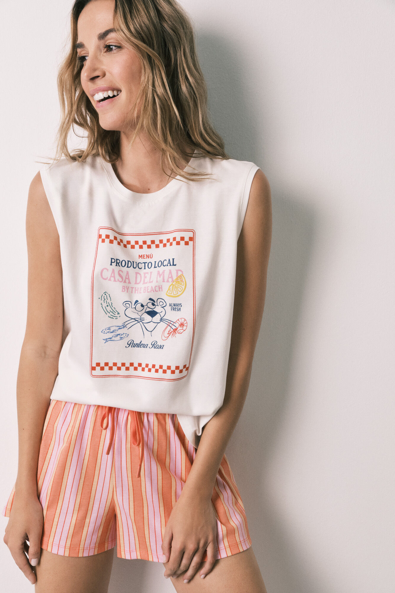 Women'secret Pyjama court en coton Panth&egrave;re Rose &agrave; rayures