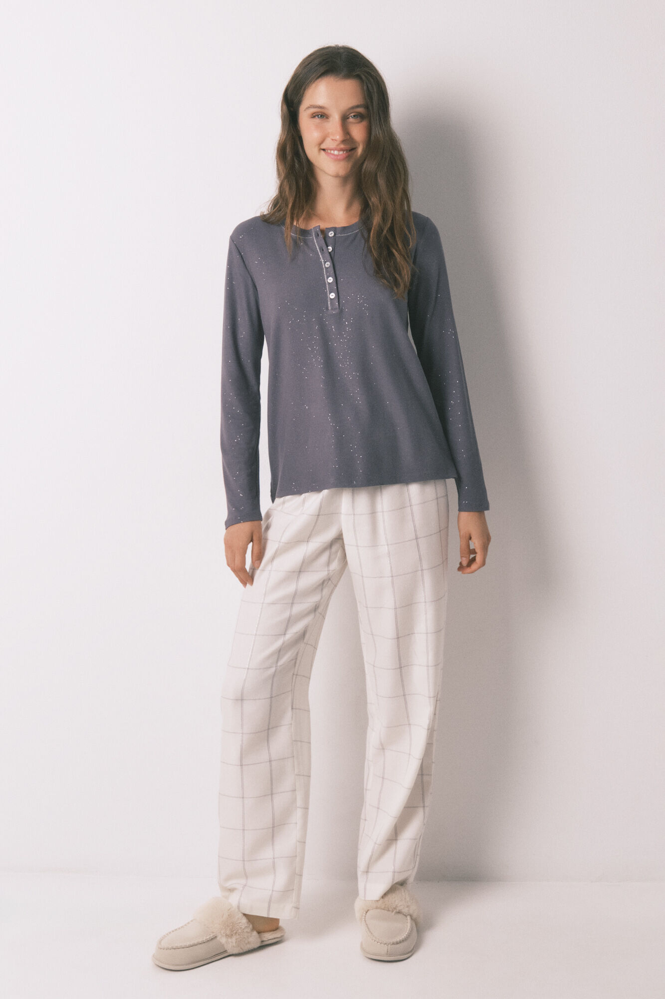 Women'secret Long sleeve glossy grey viscose T-shirt