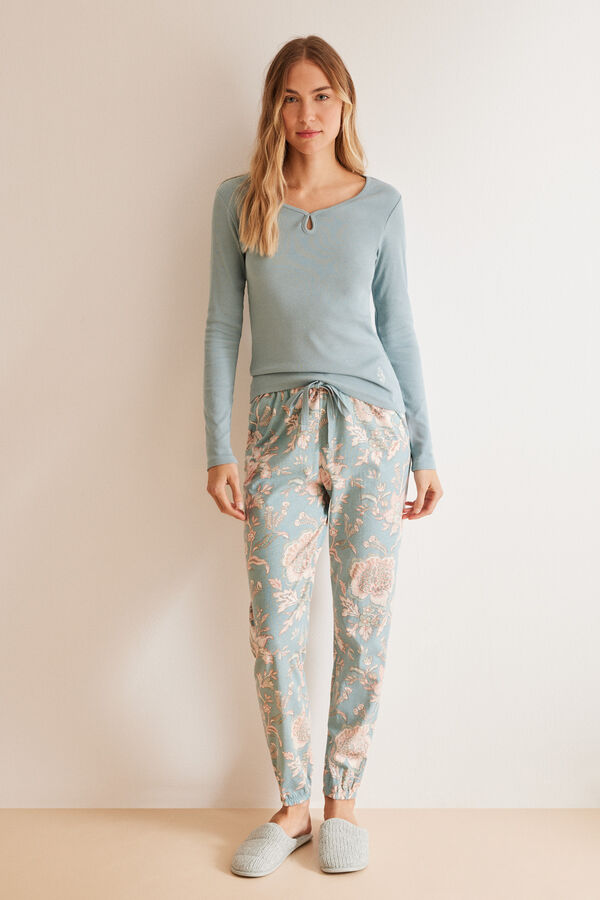 Womensecret Duga plava pamučna pidžama s cvijećem Plava