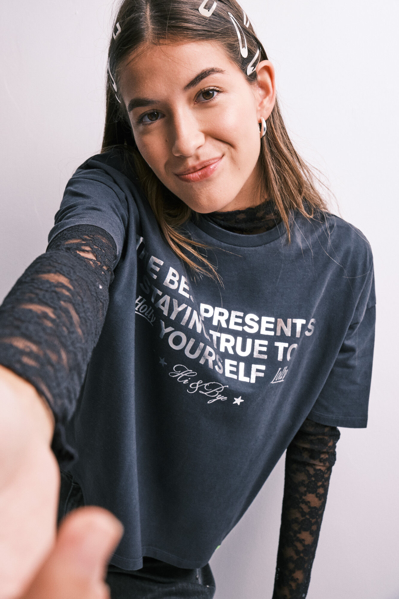 HI&BYE Dark grey glitter short sleeve T-shirt