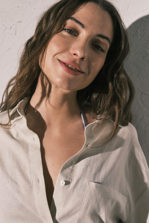 Women'secret Bela lanena ko&scaron;ulja dugih rukava Braon