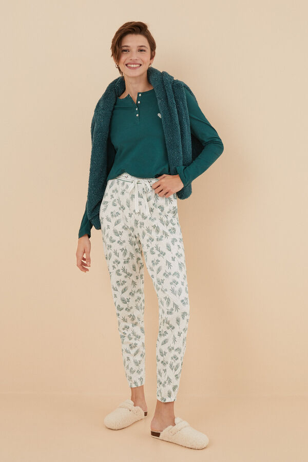 Womensecret Pantalon pyjama 100 % coton feuilles blanc