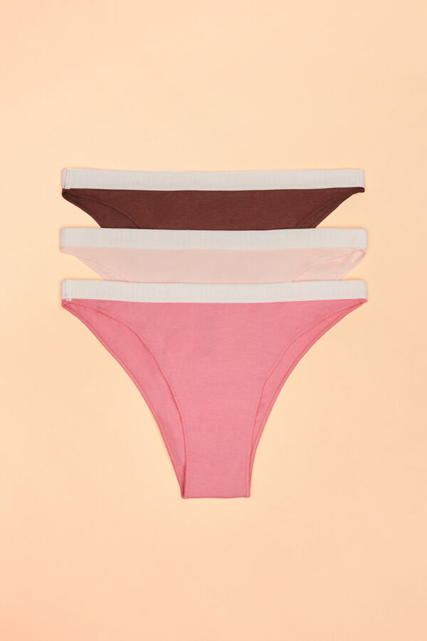 Womensecret Pack of 3 cotton Brazilian logo panties in pink, white and brown 