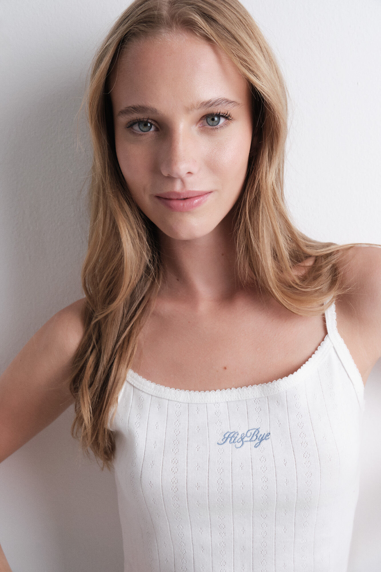 HI&BYE Ivory pintelle jersey-knit straps top