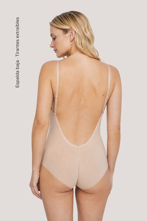 Ivette Bridal Backless bodysuit with deep nude neckline brown