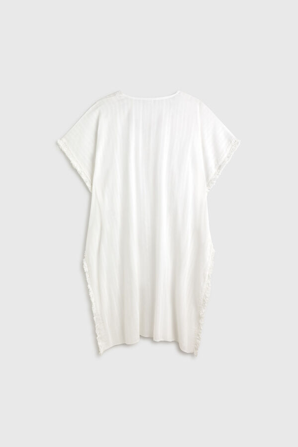 Textura T&uacute;nica aldod&oacute;n larga flecos bordado blanco