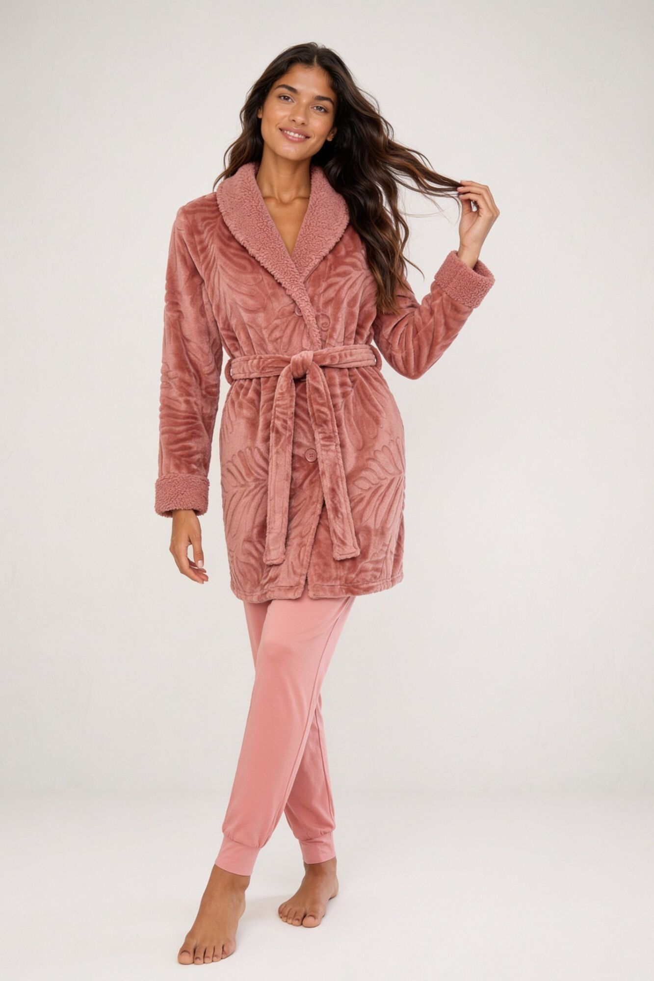 Gisela Printed button-up short robe with belt