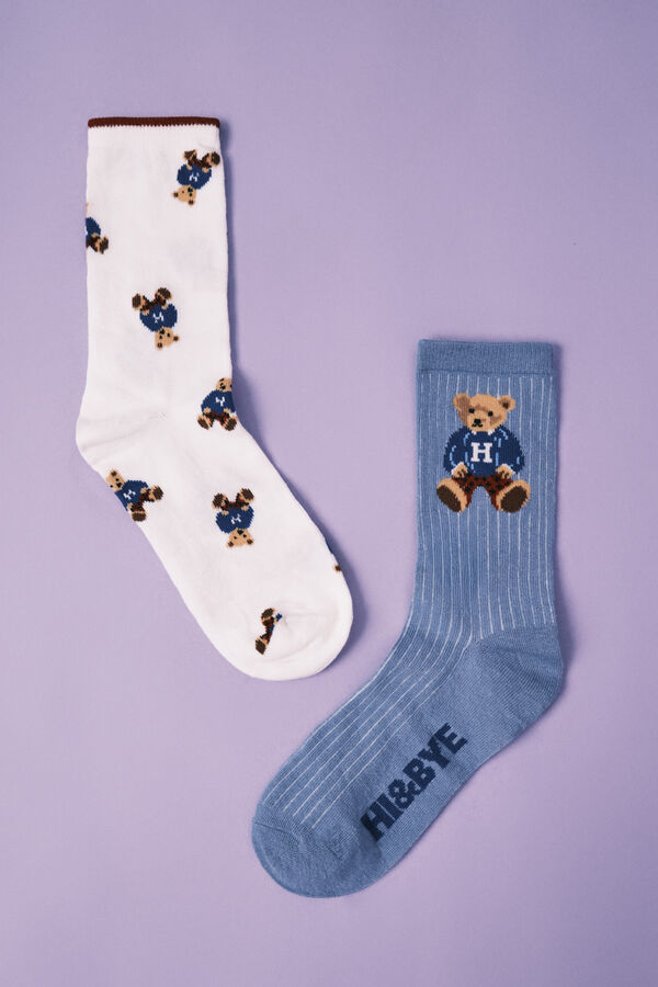 HI&BYE Lot de 2 chaussettes bleu et beige ourson beige
