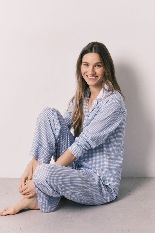 Women'secret Blue cotton classic long gingham print pyjamas blue