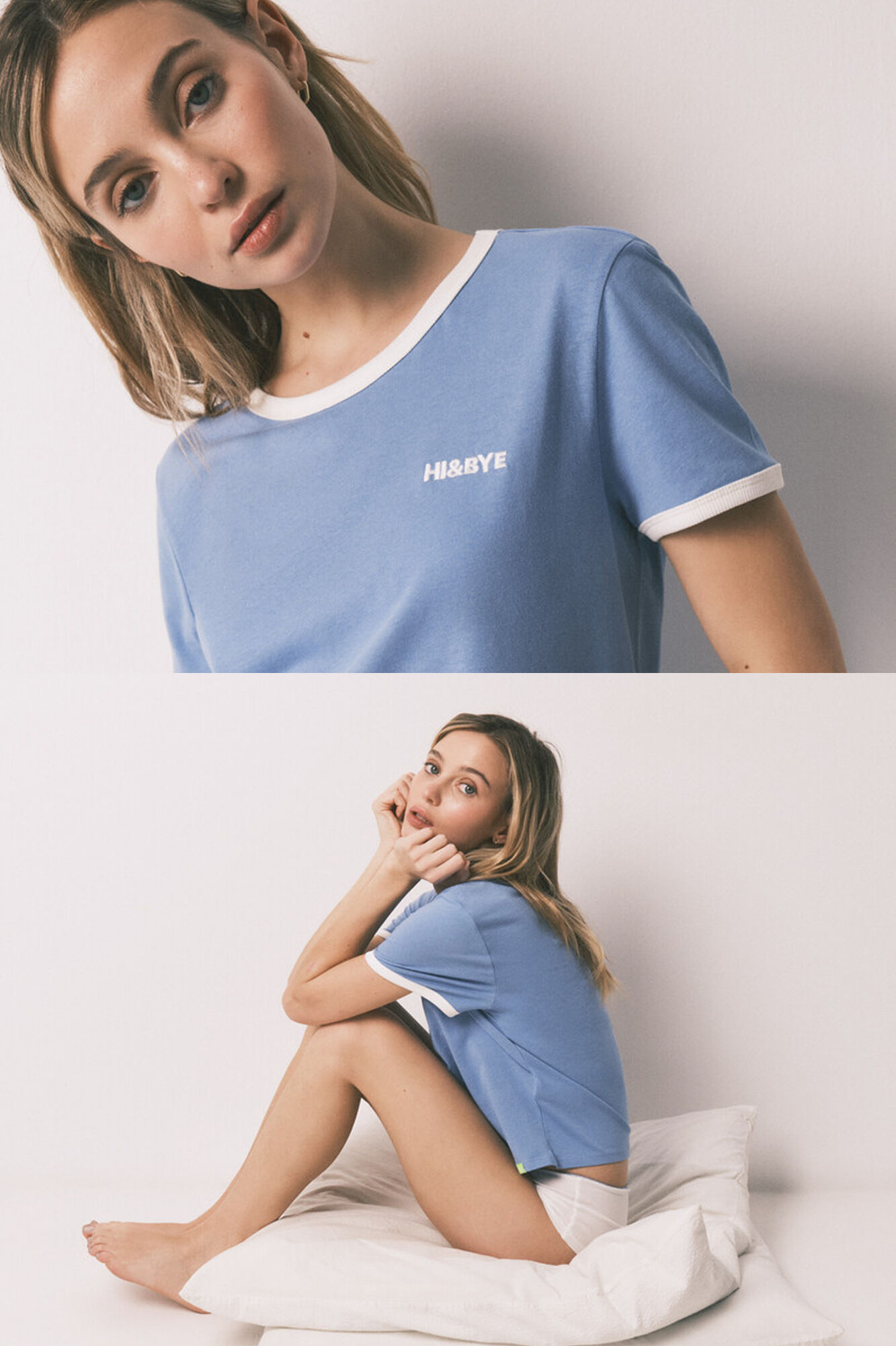 HI&BYE Blue 100% cotton plain short sleeve T-shirt