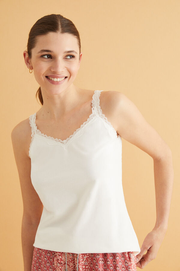 Womensecret 100% cotton and lace vest top beige