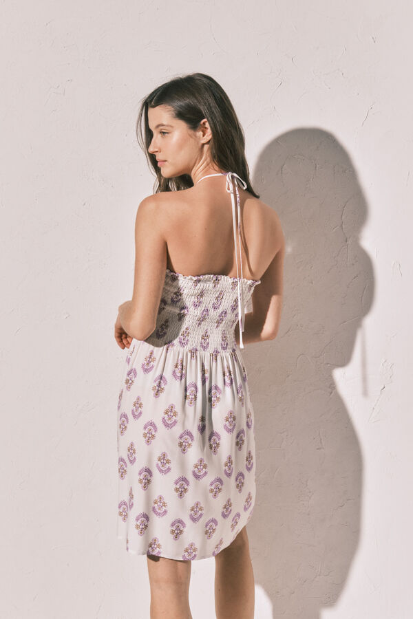 Women'secret Robe courte &agrave; d&eacute;collet&eacute; smock&eacute; imprim&eacute;e blanc