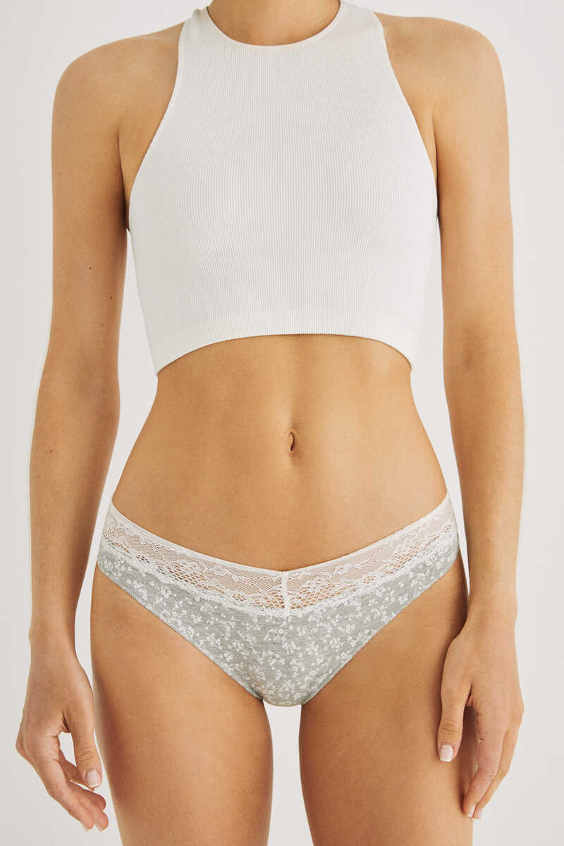 Womensecret Grey printed cotton and lace panty grey