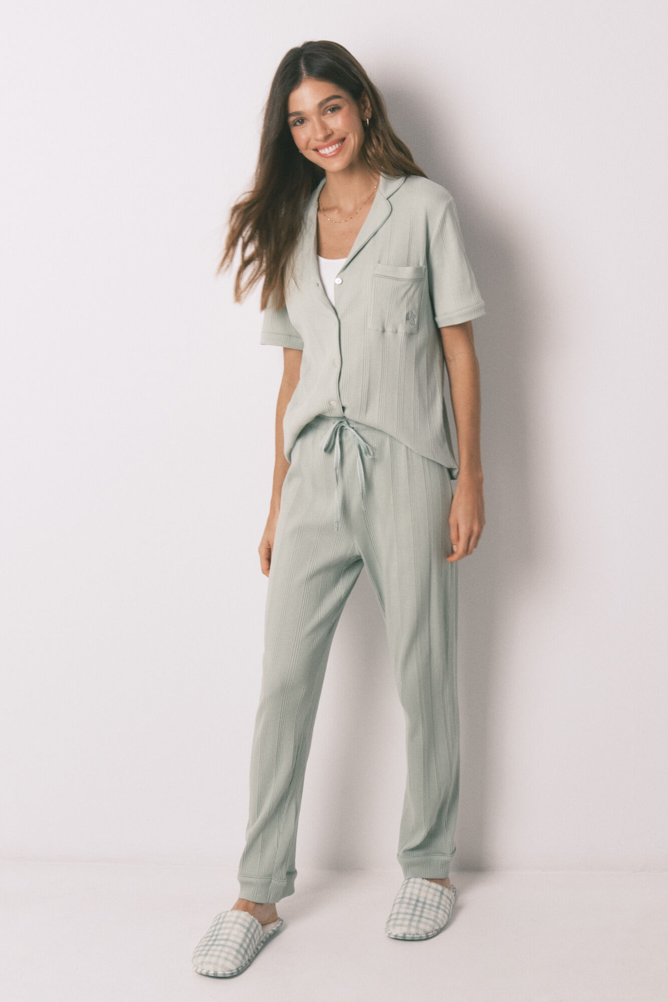 Women'secret Green cotton ribbed classic pyjamas