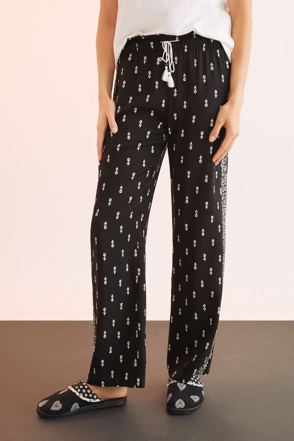 Womensecret Black and white printed viscose pyjama bottoms black