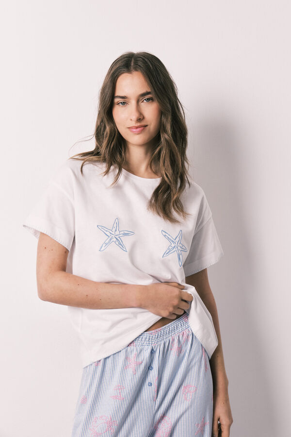 Women'secret Pamučna kratka duga pidžama sa zvezdicama Bež