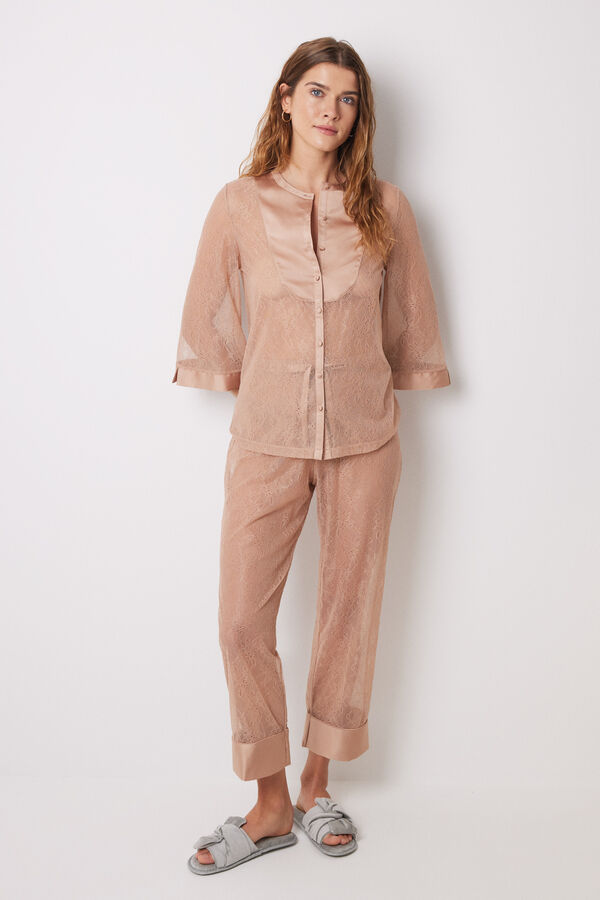 Womensecret Pijama longo de renda nude cru