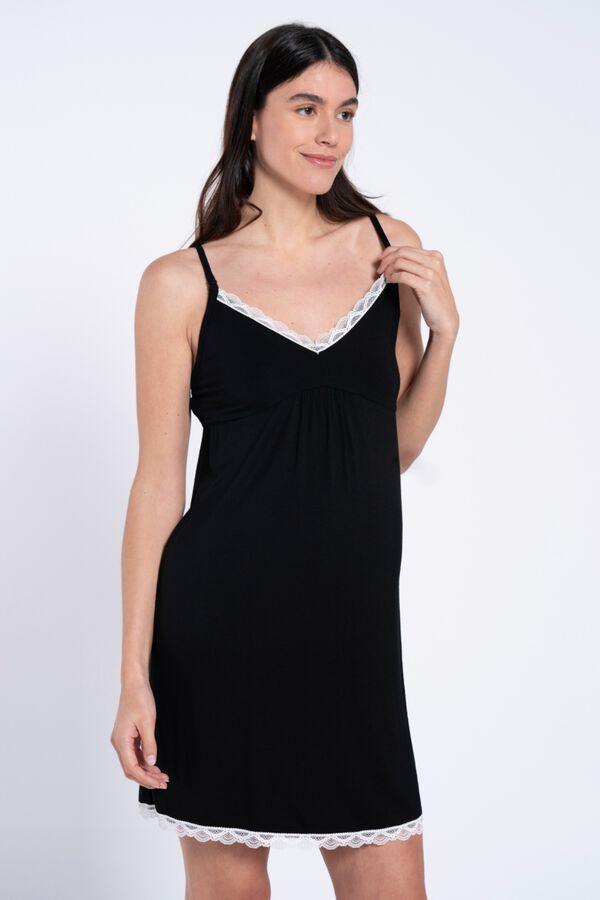 Ohma! Nursing nightgown with contrast lace black