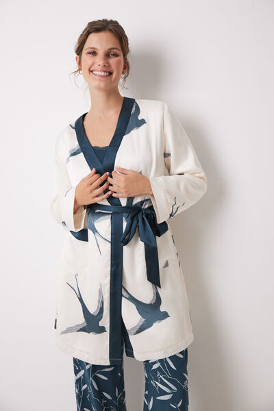 Womensecret Robe midi en satin à imprimé oiseaux blanc