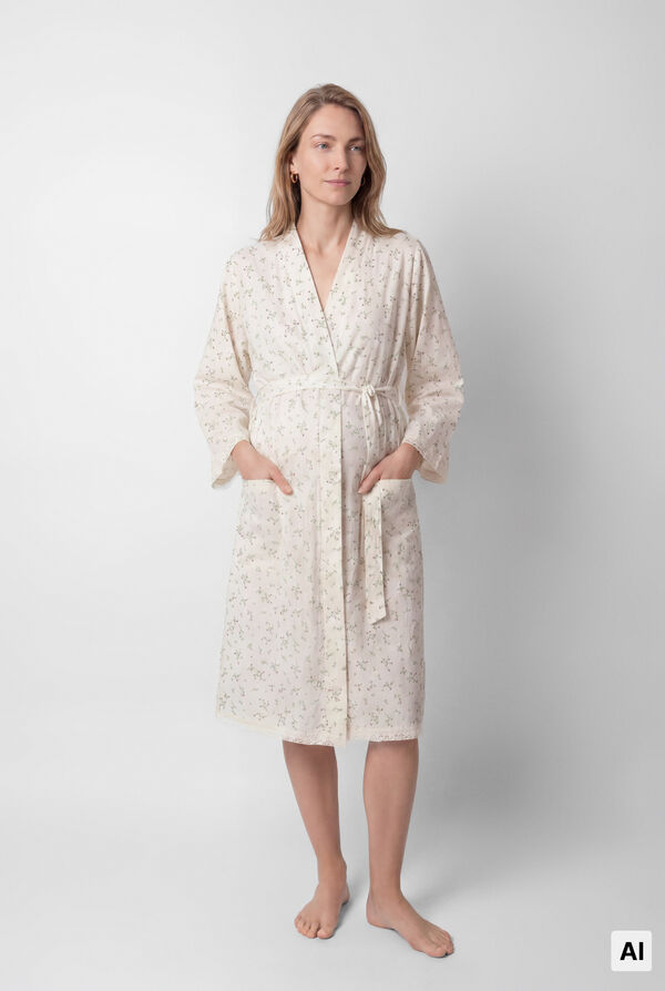 Women'secret Floral cotton midi robe beige