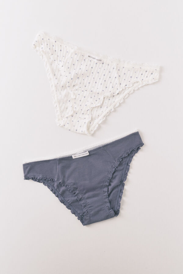 Women'secret Lot de 2 culottes classiques en coton bleues et imprim&eacute;es blanches imprim&eacute;