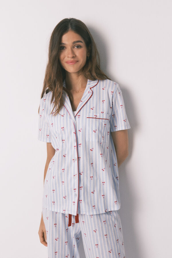 Women'secret Pyjama chemise en coton &agrave; rayures cerises bleu