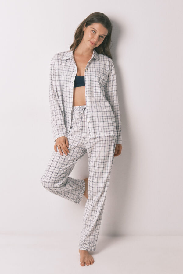 Women'secret Blue cotton plaid classic pyjamas white