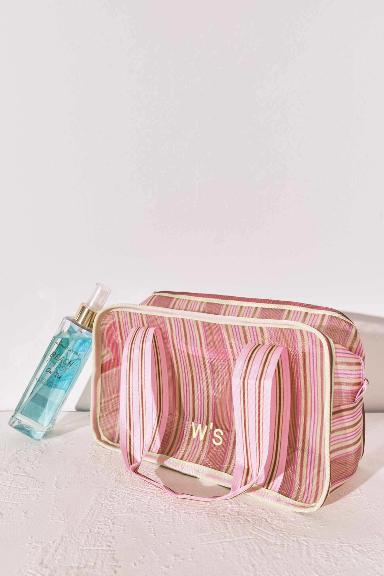 Women'secret Green and pink striped mesh medium vanity case