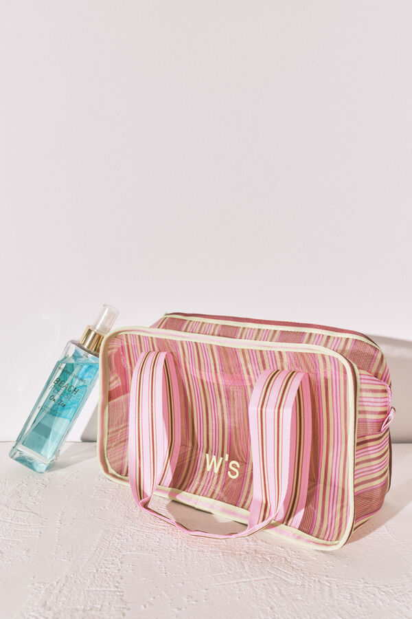 Women'secret Green and pink striped mesh medium vanity case printed