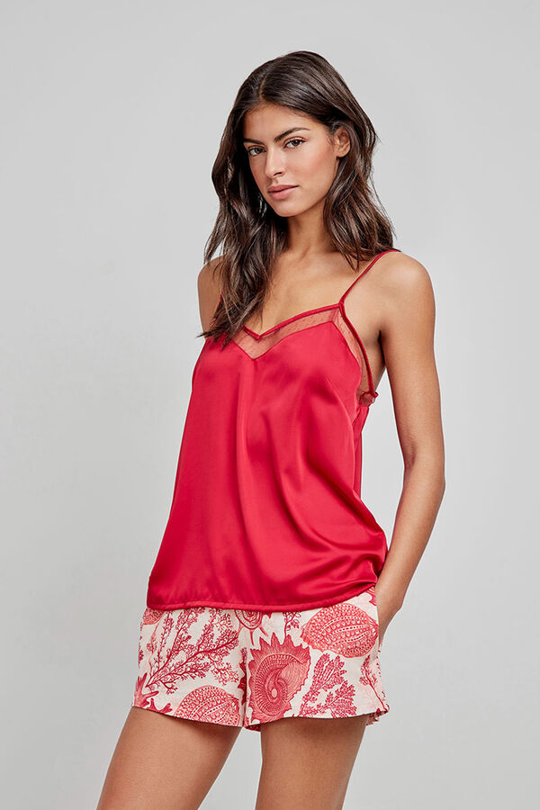 Gisela Satin straps pyjamas top with maroon print Braun