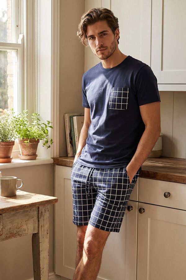 Trendyol Conjunto de pijama corto cuadros azul