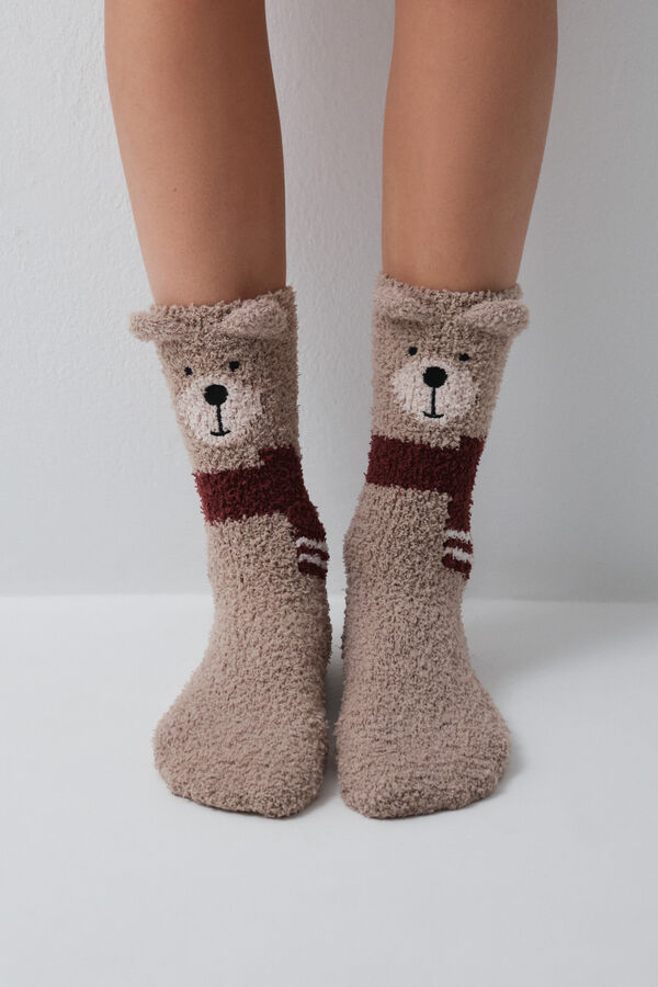 Women'secret Beige bear long socks brown