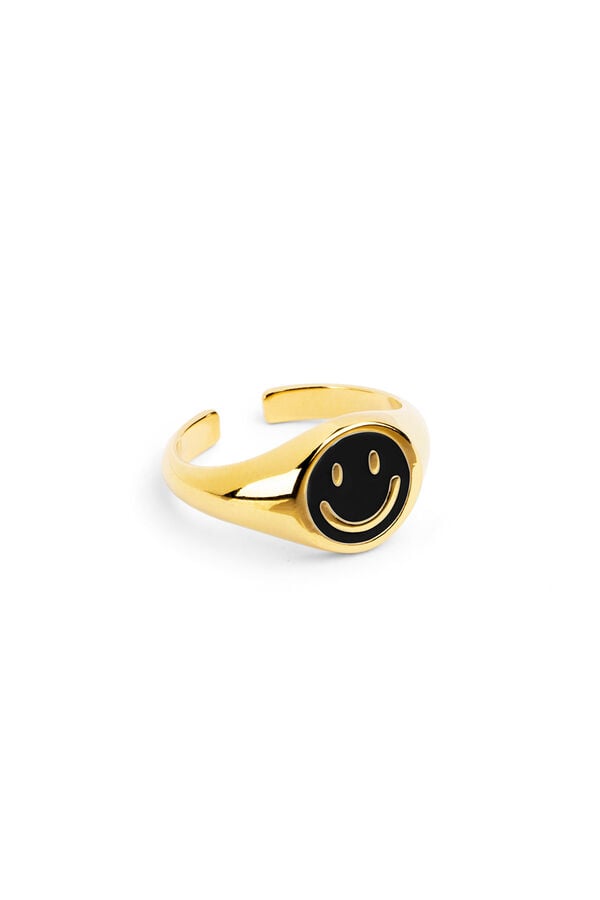 Womensecret Gold Smiley Black Enamel Ring Žuta
