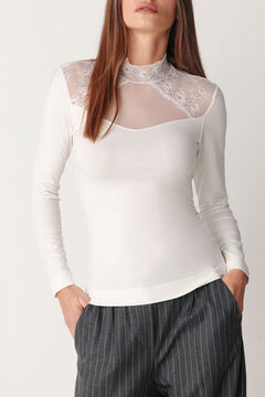 Womensecret Camiseta termal de mujer cuello redondo manga larga con encajes beige
