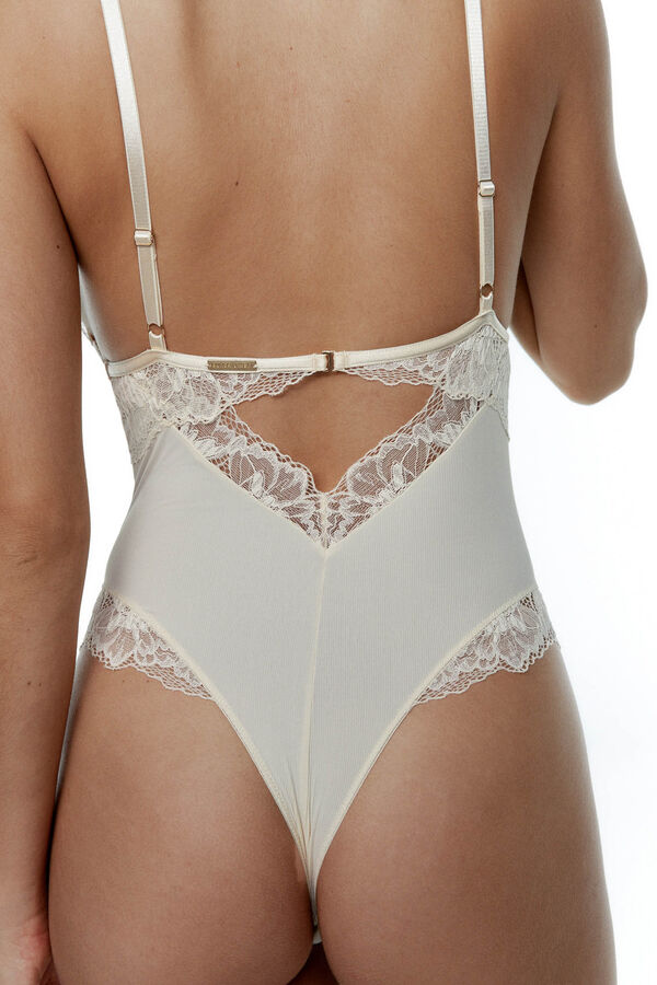 Black Limba Body triangular em malha e de renda Ray bege