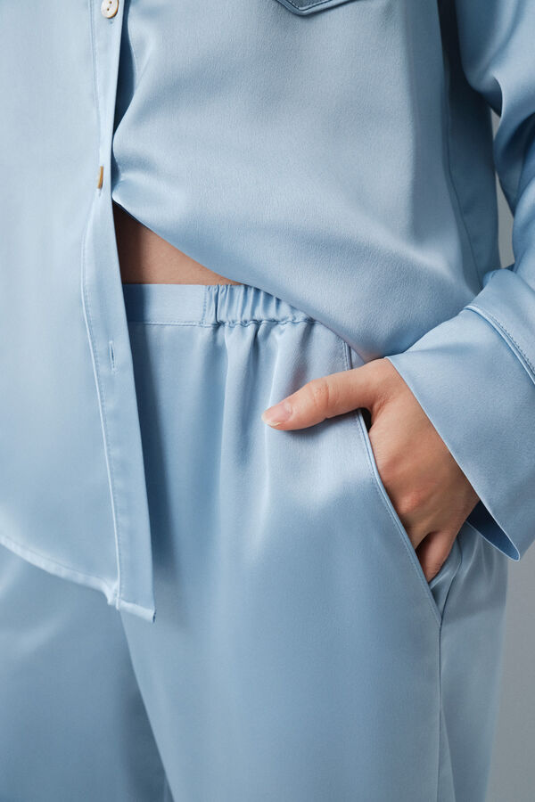 Women'secret Pijama largo camisero azul satinado azul