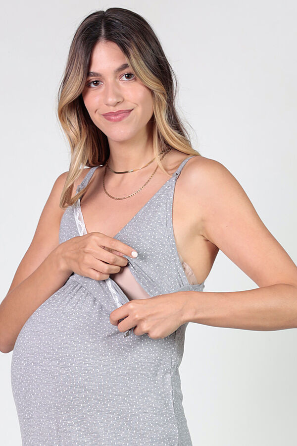 Womensecret Camisa de dormir maternity de amamentação bolinhas e renda cinzento