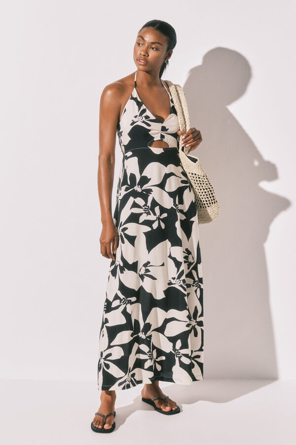 Women'secret Robe longue imprim&eacute;e florale b&w noir